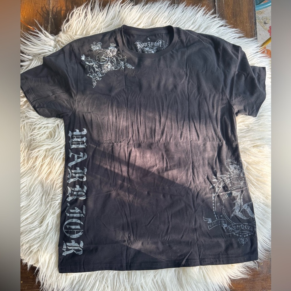 KONQUEST Men's Foil Warrior Print T-Shirt In Blk/silver Large NWOT